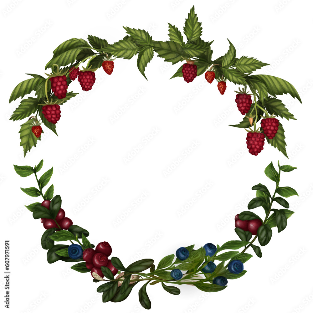 Naklejka premium Wreath of raspberries, wild strawberries ,cranberries and bilberries and leaves up to down half border watercolor