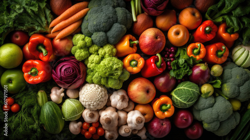 Background of fresh fruits and vegetables. Healthy eating concept. Top view.
