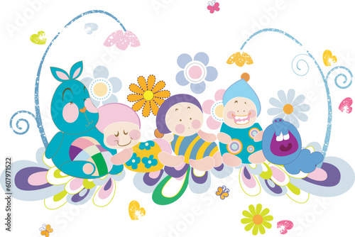An illustration of babies and hearts and flowers.