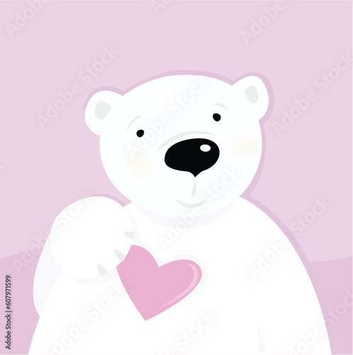 Cute polar bear character with pink heart. Vector cartoon illustration.