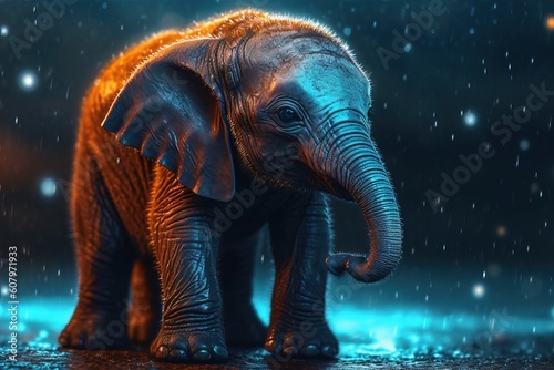 A baby elephant standing on the ground with rain