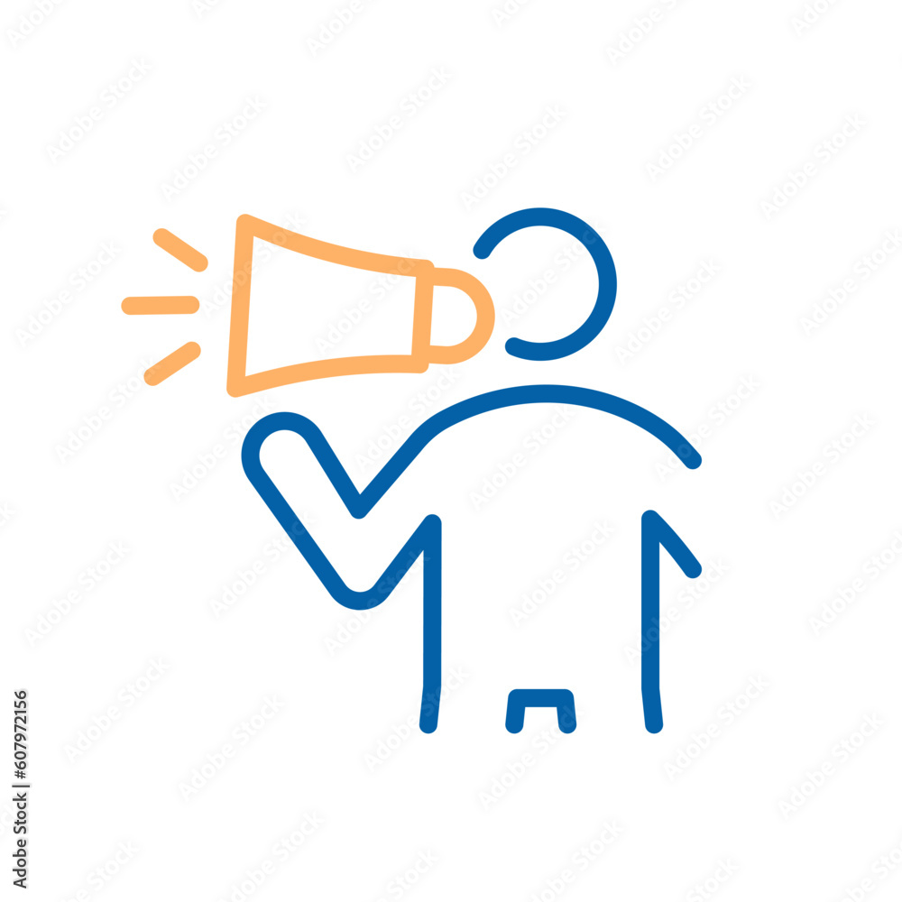 Vector linear stroke thin line icon of a person holding a megaphone. Brand ambassador, social media influencer, public speaker, product announcement Vector linear stroke thin line icon of a person holding a megaphone. Brand ambassador, social media influencer, public speaker, product announcement