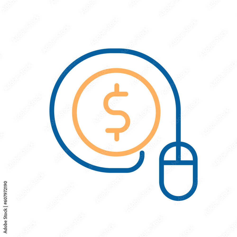 Vector linear stroke thin line icon of a computer mouse connected to a dollar sign on a circle representing pay per click (ppc) Vector linear stroke thin line icon of a computer mouse connected to a dollar sign on a circle representing pay per click (ppc)