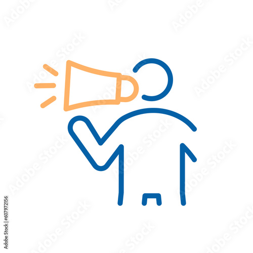 Vector linear stroke thin line icon of a person holding a megaphone. Brand ambassador, social media influencer, public speaker, product announcement