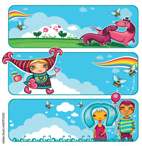 A set of colorful Valentine banners: Funny playful dogs, Cute girl with a heartshaped lollipop, A couple in love on a date.  Beautiful backgrounds with rainbow, birds, bees, flowers