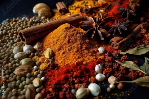 Fototapeta Indian spices up close, scattered seasonings
Generative AI