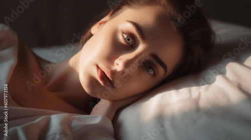 Close-up portrait of young woman lying in bed in the morning lighting. Beautiful brunette white woman face with natural makeup. Dreamy thinking atmosphere. Sensuality, mental health concept