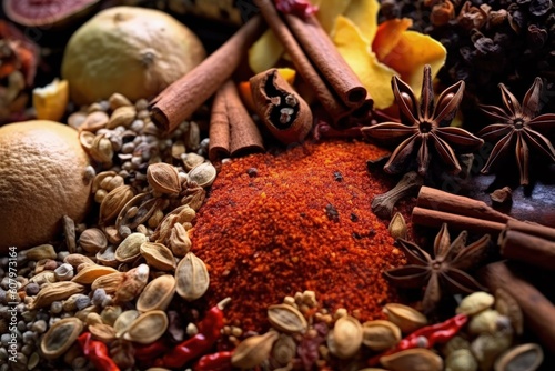 Indian spices up close, scattered seasonings Generative AI