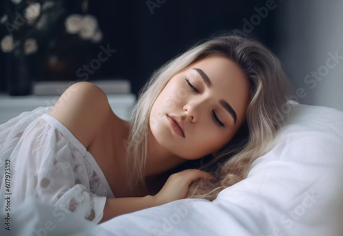 Portrait of beautiful sleeping young woman. Pretty blonde girl with closed eyes lying on bed in a white sleepwear. Woman relaxing at home bedroom or in a hotel room. Comfortable dreaming concept