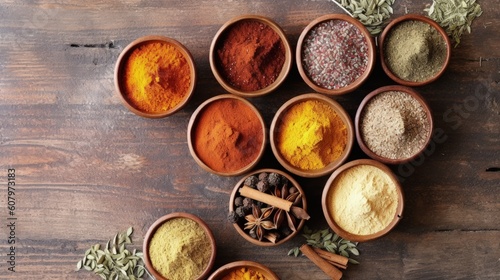 Spices in round bowls on wooden table with copy space, Indian spices and condiments, Generative AI