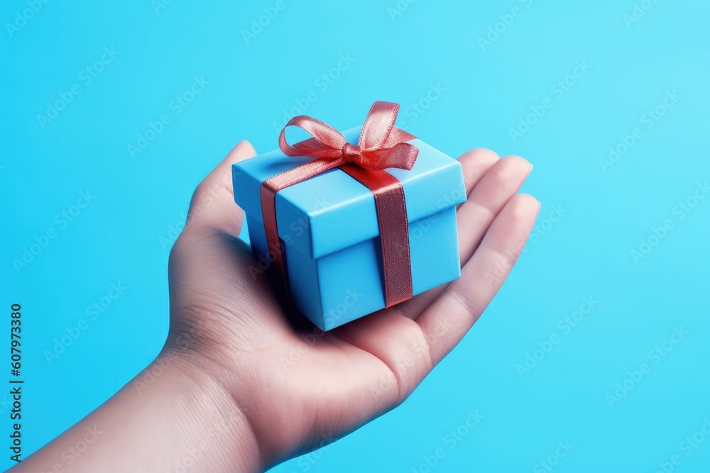 Hand holding blue gift box on blue background, Generative AI Hand holding blue gift box on blue background, Generative AI