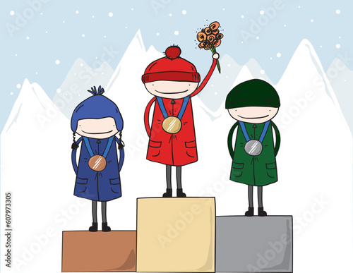 Gold, silver and bronze medal winners on the podium at the winter olympics