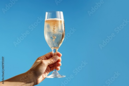 Hand holding glass goblet with champagne on blue background, Generative AI © Kaleb