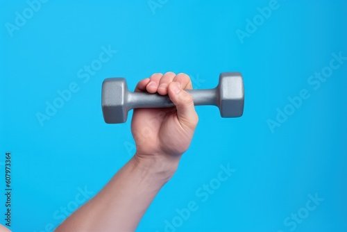 Hand holding gym dumbbell on blue background, Generative AI
