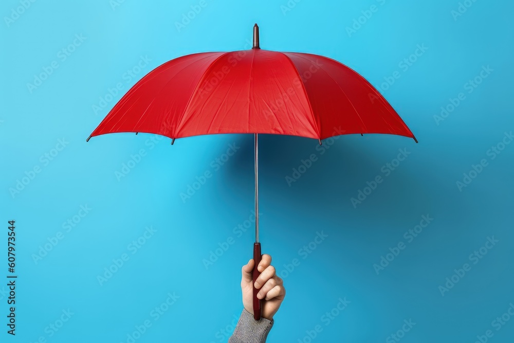 Hand holding red umbrella on blue background, Generative AI