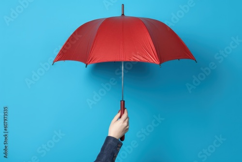 Hand holding red umbrella on blue background, Generative AI