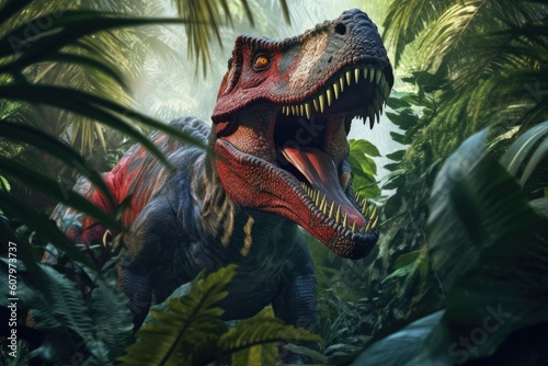 Tyrannosaurus rex in rainforest  Tyrannosaurus rex photo realistic with vibrant colors  Generative AI