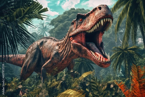 Tyrannosaurus rex in rainforest  Tyrannosaurus rex photo realistic with vibrant colors  Generative AI