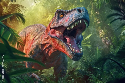 Tyrannosaurus rex in rainforest, Tyrannosaurus rex photo realistic with vibrant colors, Generative AI © Kaleb