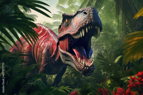 Tyrannosaurus rex in rainforest, Tyrannosaurus rex photo realistic with vibrant colors, Generative AI © Kaleb
