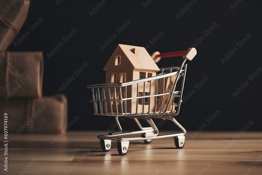 A house in a shopping cart on wooden and black background. Concept of buying real estate. Generative AI. A house in a shopping cart on wooden and black background. Concept of buying real estate. Generative AI.