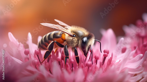 Biene mit rosafarbener Blüte und unscharfem Hintergrund © Fotodressur