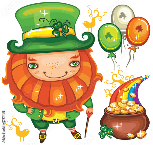 Set contains St. Patrick's Day symbols: Leprechaun, balloons with Irish flag colors, Pot of gold, magical rainbow, birds