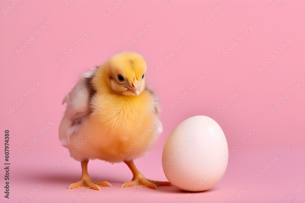 Little chicken looking at the egg on pink background with copyspace. Agriculture and farming. Generative AI.