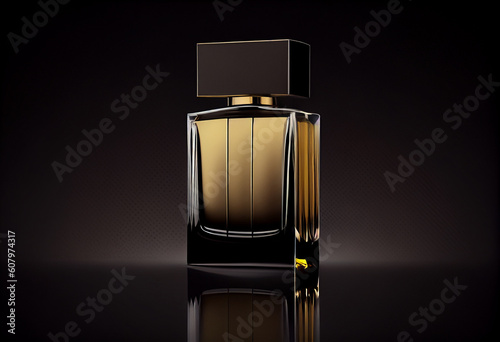 Mock-up glossy perfume bottle on a black background with copy space. Place for text. Perfumes and fragrances concept