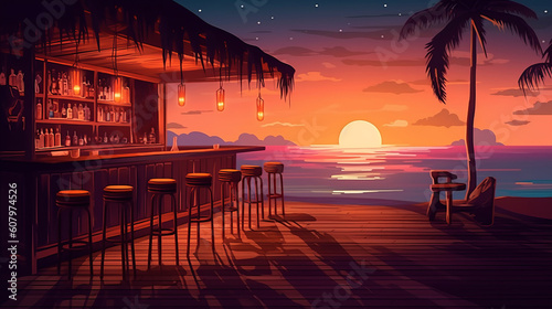 Beach bar, Sunset on the beach, Illustration, Generative AI