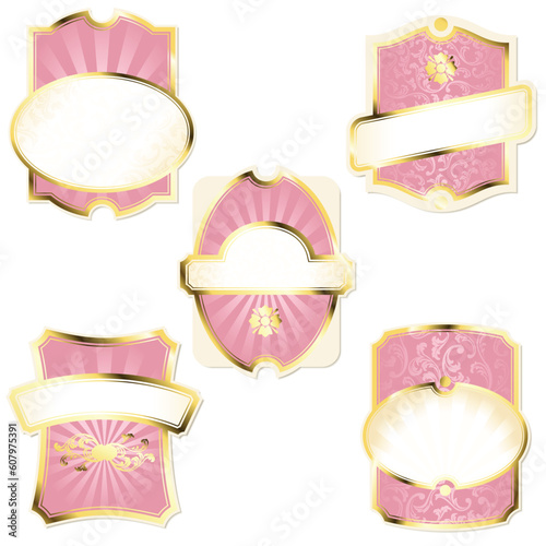 Collection of elegant pink and gold labels inspired by Rococo era designs. Graphics are grouped and in several layers for easy editing. The file can be scaled to any size.