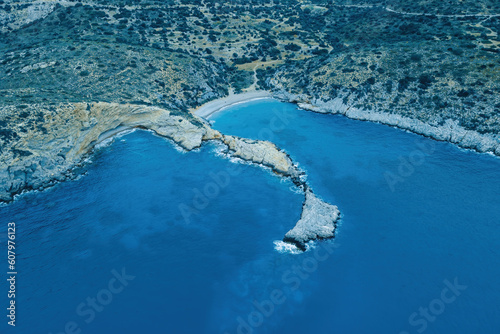 Aerial wide shot of Aegean sea coast with rocky reefs of Datca peninsula in Turkey