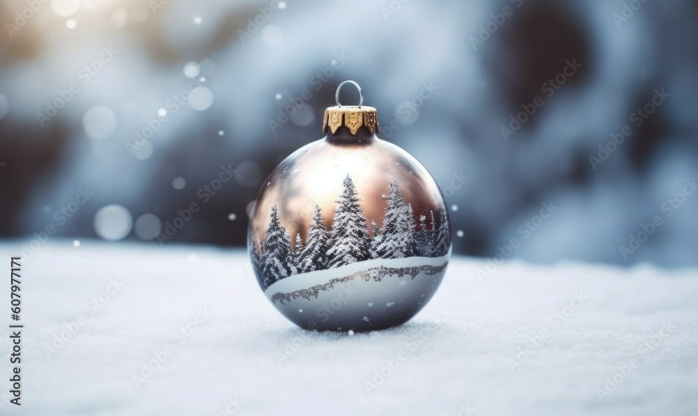 Creative layout made of Christmas bauble decoration on snow, Holiday background, generative AI Creative layout made of Christmas bauble decoration on snow, Holiday background, generative AI