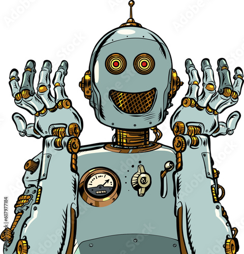 Robots are becoming part of us. Emotional steel retro robot smiles. Assistant in all matters. Pop Art Retro