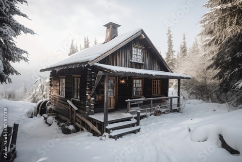 small snow covered wooden hut in snowy forest created with Generative AI technology photo