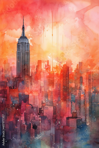 Vibrant multicolored cityscape with high skyscrapers with colored glass windows in a carmine red sunset