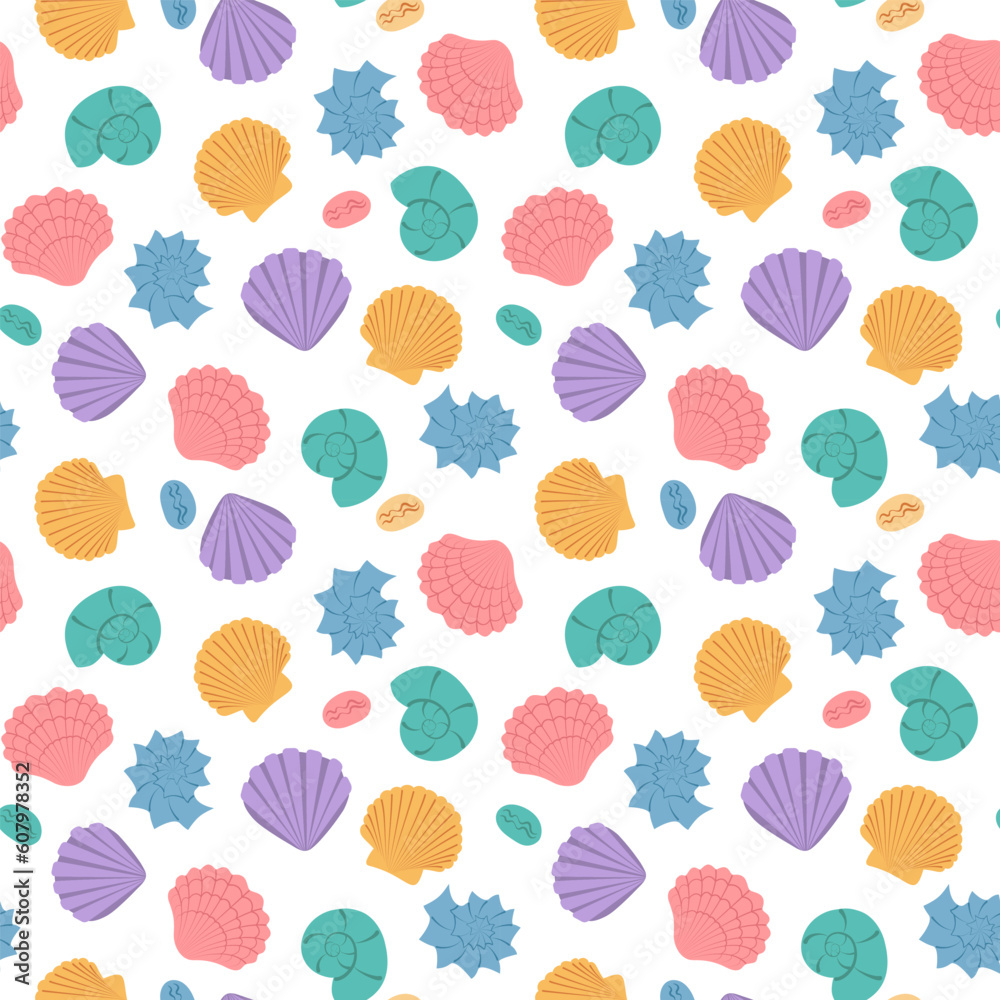 Seamless Pattern of cartoon Seashells. Colorful marine shells. Summer hand drawn background Seamless Pattern of cartoon Seashells. Colorful marine shells. Summer hand drawn background