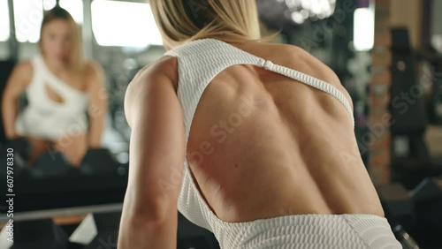 young athletic woman does exercises one arm dumbbell bench rows in the gym. slow motion. close up. High quality 4k footage