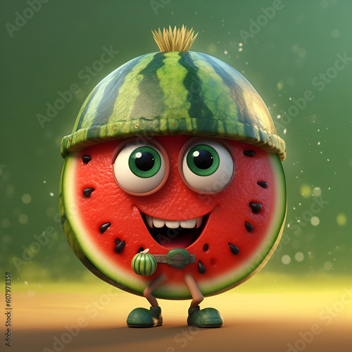 Funny cartoon watermelon with a wide smile on green background. Cute watermelon cartoon character emoticon mascot. Generative AI photo
