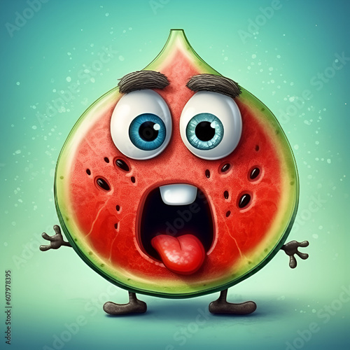 Funny cartoon watermelon with a scared screaming face on light blue background. Cute watermelon cartoon character emoticon mascot. Generative AI photo