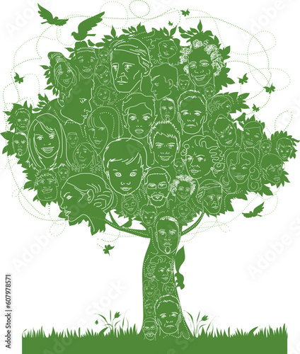 Vector illustration of a family tree made of faces