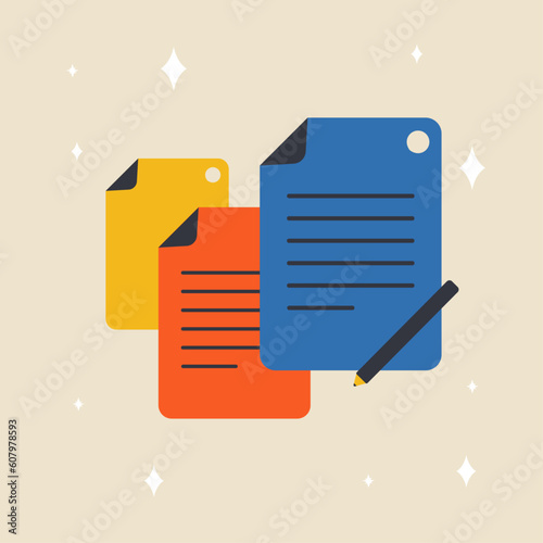 Creative writing and storytelling, brief text, write summary, assignment. Vector illustration, graphic design.