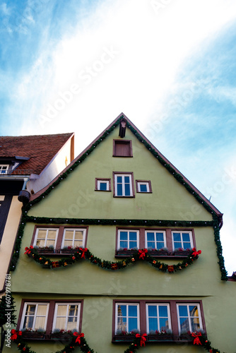 Facade of old houses in the historic center of Rothenburg ob der Tauber in South Germany, Europe