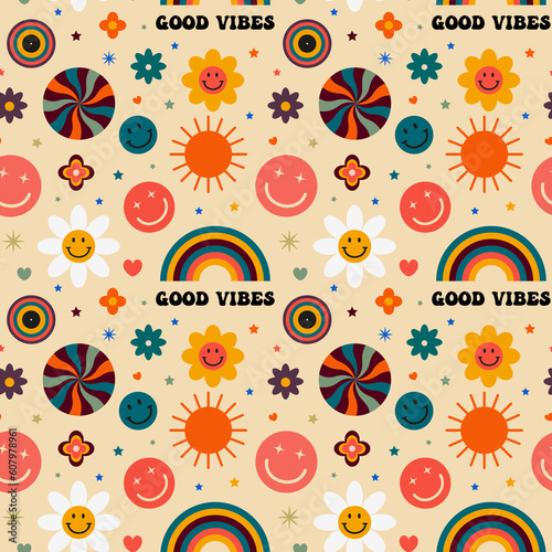  Y2K retro groovy seamless pattern with emoji faces and flowers on beige background 