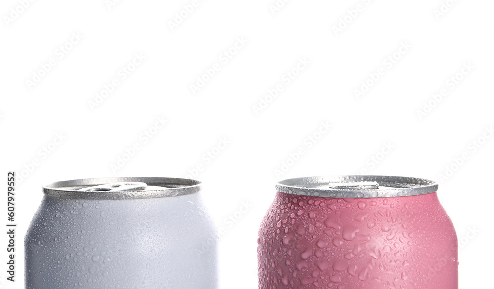 Cans of fresh soda with water drops isolated on white background, closeup Cans of fresh soda with water drops isolated on white background, closeup