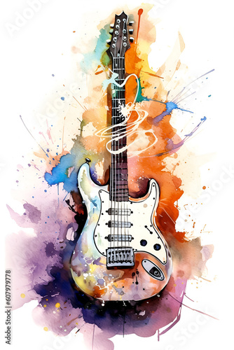 Guitar and notes. Illustration. Ai generation.