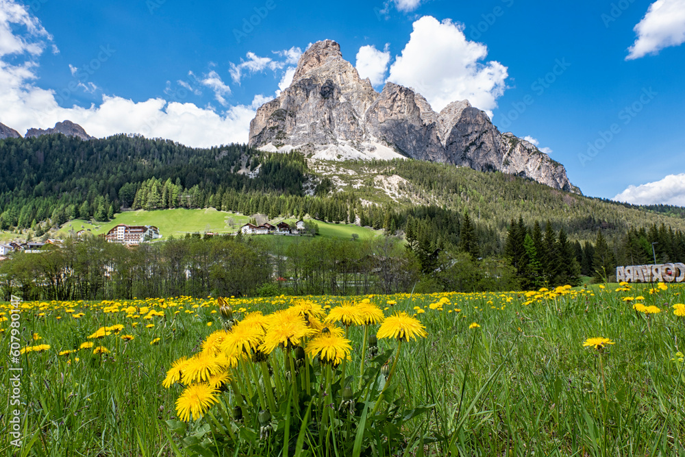 Fototapeta premium Mount Sassongher from the valley of Corvara (the write on the right side is the name of the town of Corvara)