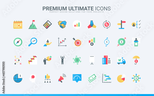 Technology of effective work activity to analyze data, team communication and task management, productivity of planning achievement. Business process trendy flat icons set vector illustration