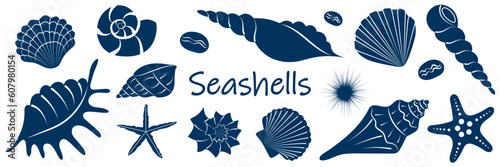 Collection of sea shells. Blue silhouettes of shell. Summer set of underwater elements. Marine background