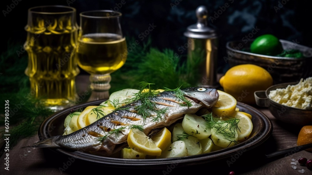 Herring, fish with vegetables, pickled fish Herring, fish with vegetables, pickled fish